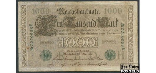 Германия / Reichsbank 1000 марок 1910 Две зеленые печати.   #7 Литера H F Ro:46b 100 РУБ