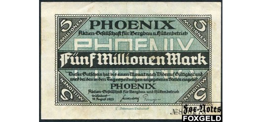 Dusseldorf / Rheinprovinz 5 Mio. Mark 1923 Phoenix, Aktien-Gesellschaft für Bergbau und Hüttenbetrieb /  Wz Deltamuster VF 1150.dd B4 220 РУБ