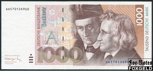 ФРГ / Deutsche Bundesbank 1000 марок 1993  XF-aUNC Ro:302a 85000 РУБ