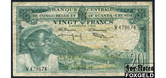 Бельгийское Конго Banque Centrale du Congo Belge et du Ruanda-Urundi 20 франков 1957  VG P:31 2800 РУБ