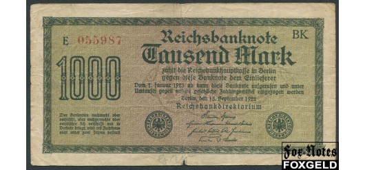 Германия / Reichsbank 1000 Mark 1922 15. September 1922. в/з Maander oder C-Muster #6 красный F Ro:75g 100 РУБ