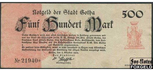 Gotha  / Thüringen 500 Mark 1923 Notgeld der Stadt Gotha. 5. Oktober 1922. F+ 1825.7d B4 300 РУБ