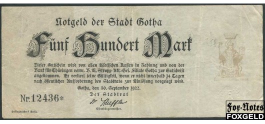 Gotha  / Thüringen 500 Mark 1923 30. September 1922. (Без цифр номинала справа) F+ 1825.5 B4 300 РУБ