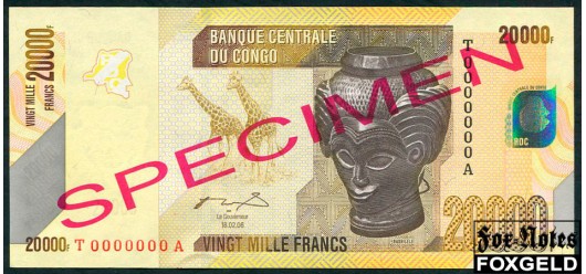 Демократическая Республика Конго 20000 франков 2006 SPECIMEN ОБРАЗЕЦ UNC P:104aS 3000 РУБ