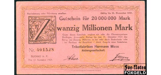 Buchau / Wurttemberg 20 Mio. Mark 1918 Trikotfabriken Hermann Moos AG 17.09.23 aXF В7 646m 1500 РУБ