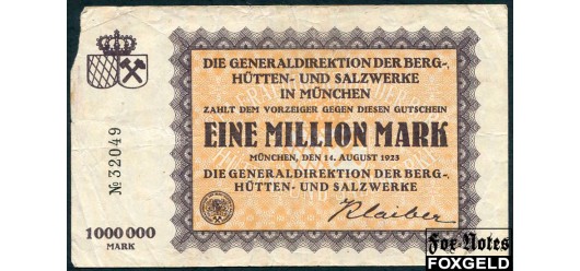 Freistaat Bayern 1 Mio. Mark 1923 Generaldirektion der Berg-, Hütten- und Salzwerke in München 14.08.23 VG BAY275а 700 РУБ
