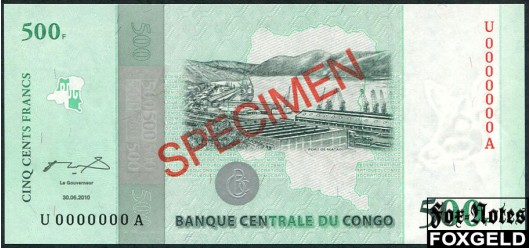 Демократическая Республика Конго 500 франков 2010 SPECIMEN ОБРАЗЕЦ UNC P:100S 1200 РУБ
