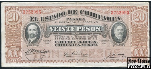 Мексика El Estado de Chihuahua 20 песо 1915 4-1-15… F P:S537b 800 РУБ