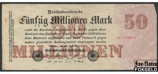 Германия / Reichsbank 50 Mio. Mark 1923 25. Juli 1923. Типография C (Неустановленна) aVF Ro:97b 220 РУБ