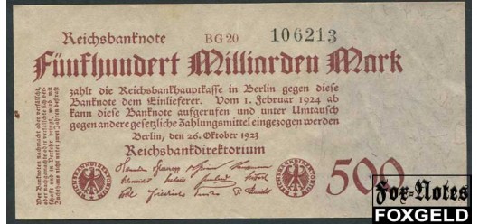 Германия / Reichsbank 500 Mrd. Mark 1923 Reichsbanknote. 26.10.23г. Частн. тип. #6  FZ корич VF+ Ro.124f / Р:127 3000 РУБ