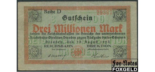 Германия Имперские ЖД 3 Mio. Mark 1923 Reichsbahndirektion Dresden /20.8.23 /WZ. GVD-Muster/  REIHE D-G F++ P:S1175 / 005.6. 320 РУБ