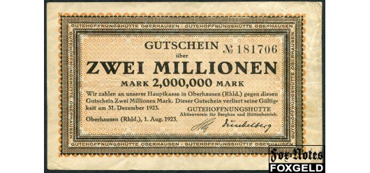 Oberhausen / Rheinprovinz 2 Mio. Mark 1923 Gutehoffnungshutte Aktienverein fur Bergbau und Hutttenbertrieb 1. August 1923. Wz Rheinische Wellen F B8:4021.e. 400 РУБ