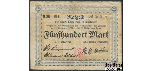 Meuselelwitz / Thüringen 500 марок 1922 29. September 1922. aF 2955.1 B4 300 РУБ