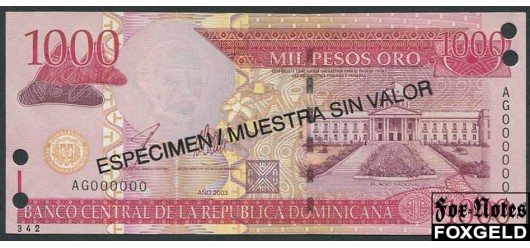 Доминиканская республика 1000 песо 2003 ESPECIMEN MUESTRA SIN VALOR (Образец) UNC P:173s 2500 РУБ