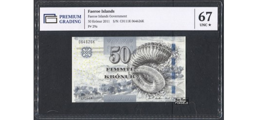 Фарерские острова 50 крон 2011 Слаб PG 67 UNC P:29 3500 РУБ