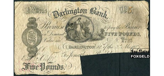 Великобритания 5 фунтов 1889 Darlington Bank погашен VG P:NL 4500 РУБ