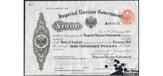 Российская Империя / Imperial Russian Government 1000 фунтов 1915 Краткосрочное Об-во Гос. Казначейства.  23.02.1915 г. Подпись: Alfred Mildmay VF АА №PK6.1.1e 8000 РУБ