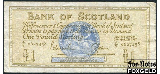 Шотландия /  Bank of Scotland 1 фунт 1967  F P:105b 1400 РУБ