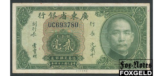 Kwangtung  Provincial Bank 20 Cents 1935 подп. зелен. XX VF P:S2437b 500 РУБ