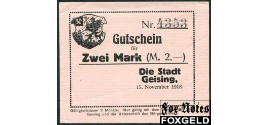 Geising / Sachsen 2 Mark 1918 Stadt 15. November 1918. XF+ 169.01.. 450 РУБ