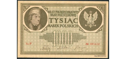 Польша / Polska Krajowa Kasa Pożyczkowa 1000 марок польск. 1919 в/з соты, #6 VF+ M22b / P:22 2500 РУБ