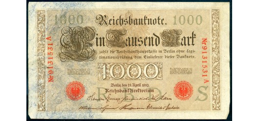 Германия / Reichsbank 1000 марок 1910 Kriegsausgabe mit 7-stelliger KN der Serien A - B, aVF Ro:45b 100 РУБ