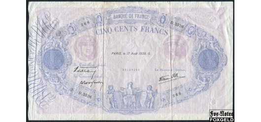 Франция Banque de France 500 франков 1939 Sign. H. de Bletterie Roussean Favre-Gilli. 17=08=1939. aF P:88c 5000 РУБ