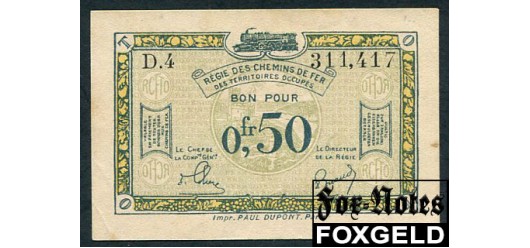 Regie des Chemins de fer des Territories Occupes Рейнланд 0,50 франков ND(1923)  XF+ Ro:858a 1500 РУБ