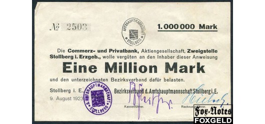 Stollberg Sachsen 1 Mio. Mark 1923 Bezirksverband der Amtshauptmannschaft auf Commerz- u. Privatbank aVF В8:892.c 1000 РУБ