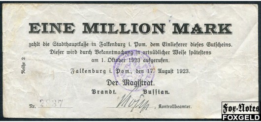 Falkenburg Pommern 1 Mio. Mark 1923 Stadt F В7:1470.b 1600 РУБ