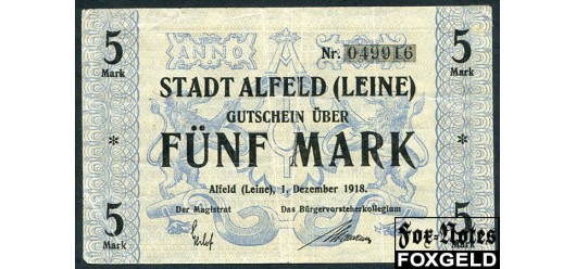 Alfeld (Leine) Hannover 5 Mark 1918 1. Dezember 1918. VG-aF  300 РУБ