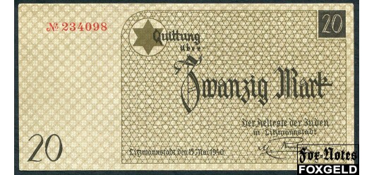 Litzmannstadt Ghetto Лодзинское гетто 20 марок 1940 без в/з № с одной черточкой aUNC K19.48.37a 18500 РУБ