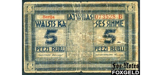 Латвия 5 рублей 1919 Roberts Erhards, Vanags. В/з волны. G FN:Е15.3.1b 4000 РУБ