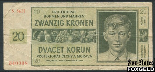 Протекторат Богемия и Моравия 20 крон 1944  F Ro:563g 1300 РУБ