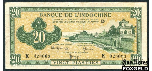 Французский Индокитай 20 пиастров ND(1942-1945) Фон зеленый с желтым. F P:70 7500 РУБ