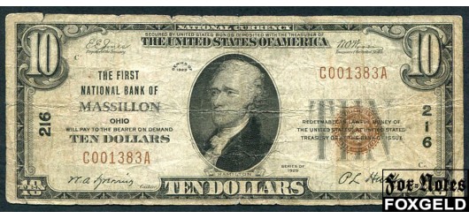 США National Bank Note 10 долларов 1929 First NB Massillon Ch. # 216 VG-aF Fr:1801 7500 РУБ