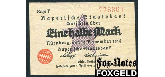 Bayern Bayerische Staatsbank 1/2 Mark 1918  VF BAY26b 800 РУБ