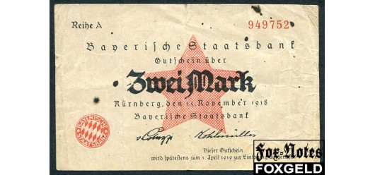 Bayern Bayerische Staatsbank 2 Mark 1918  F BAY28b 800 РУБ