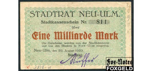 Neu-Ulm Bayern 1 Mrd. Mark 1923 Stadt Neu-Ulm VF B8:3898.d. 1500 РУБ