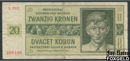 Протекторат Богемия и Моравия 20 крон 1944  F Ro:563g 1300 РУБ