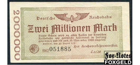 Германия Имперские ЖД  Reichsverkehrsministerium Berlin 2 Mio. Mark 1923 WZ. Kelmuster/ # 4,7mm VF P:S1012b 002.3.d 250 РУБ
