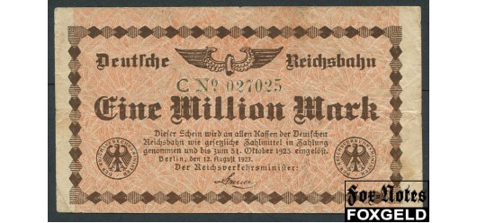 Германия Имперские ЖД  Reichsverkehrsministerium Berlin 1 Mio. Mark 1923 WZ. Verschulungene Quadrate F P:S1011 002.1.a 150 РУБ