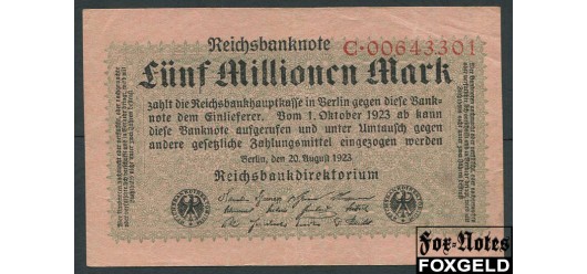 Германия Reichsbank 5 Mio. Mark 1923 20. August 1923.   Reichsdrukerei VF+ Ro:104a 250 РУБ