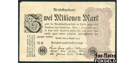 Германия Reichsbank 2 Mio. Mark 1923 9. August 1923. в/з Hakenstern ND (Niederrheinische Druckerei, Duisburg) VF Ro:103a 200 РУБ