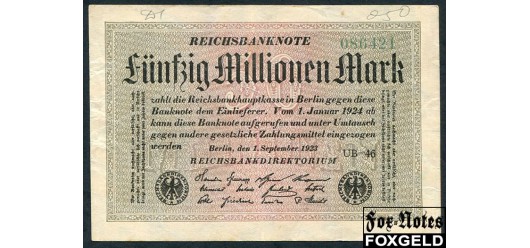 Германия Reichsbank 50 Mio. Mark 1923 1. September 1923. в/з Hakensterne UB (Ullstein, Berlin) aXF Ro:108f 300 РУБ