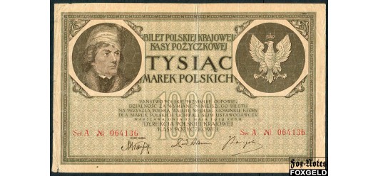 Польша Polska Krajowa Kasa Pożyczkowa 1000 марок польск. 1919 в/з соты, #6 VF+ M22b / P:22 5000 РУБ