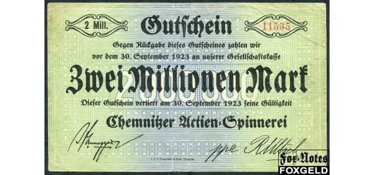 Chemnitz Sachsen 2 Mio. Mark 1923 Chemnitzer Actien-Spinnerei 30. September 1923. VG B7:771b 950 РУБ