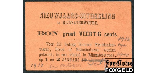 Нидерланды Rijnzaterwoude NIEUWJAARS-UITDEELING 40 центов 1897  XF  3000 РУБ