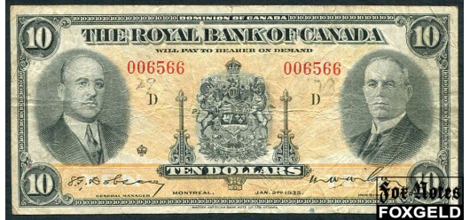 Канада Royal Bank of Canada 10 долларов 1935  F P:S1392 15000 РУБ