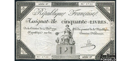 Франция Republique francaise 50 ливров 1792 Подпись - Lehu VF P:A72 6000 РУБ